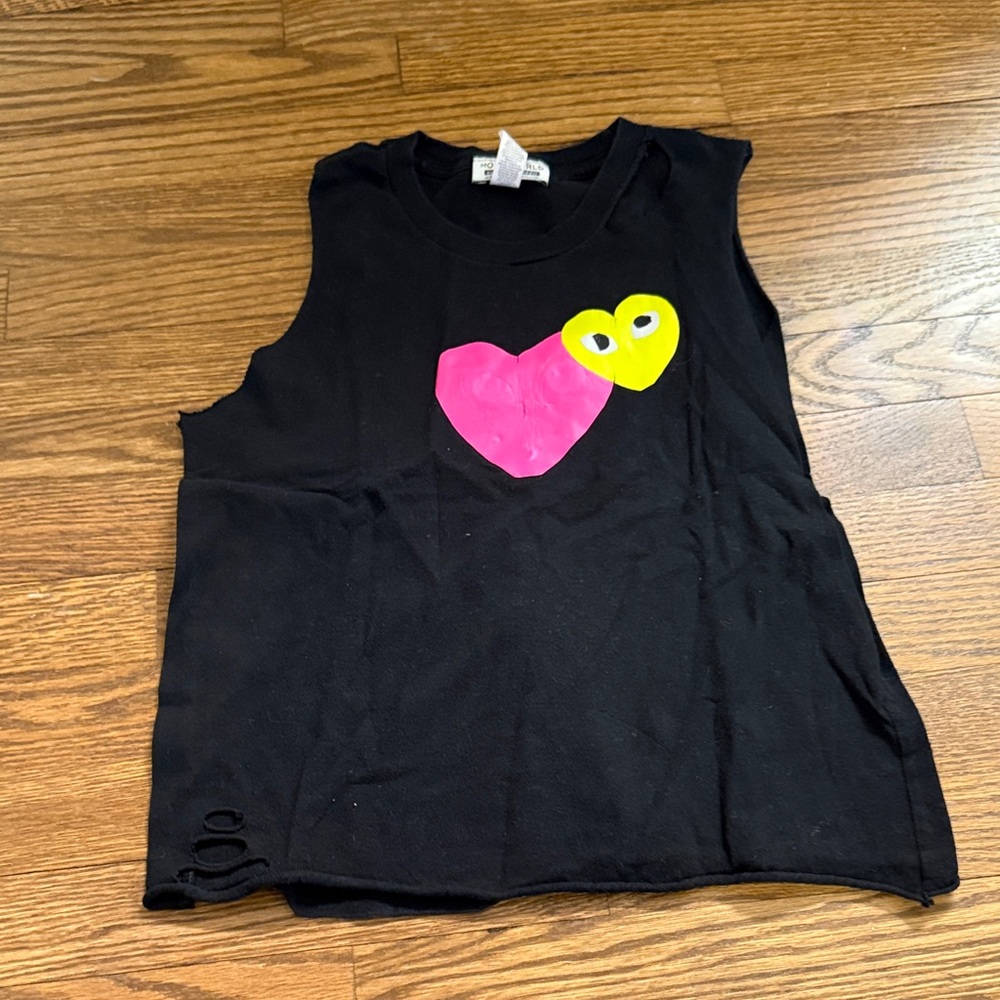 Hollyworld Black Kids Top with Pink and Yellow Heart Design Size Small